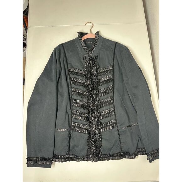 Simon Chang Denim Wear Women’s Bohemian Black Jacket Ruffle Satin Trim Sz20 Note - Picture 5 of 15